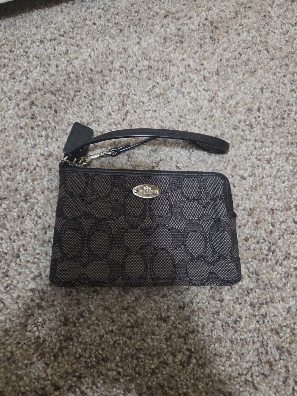 Coach Black Signature Wristlet Card Case with Gold Plaque